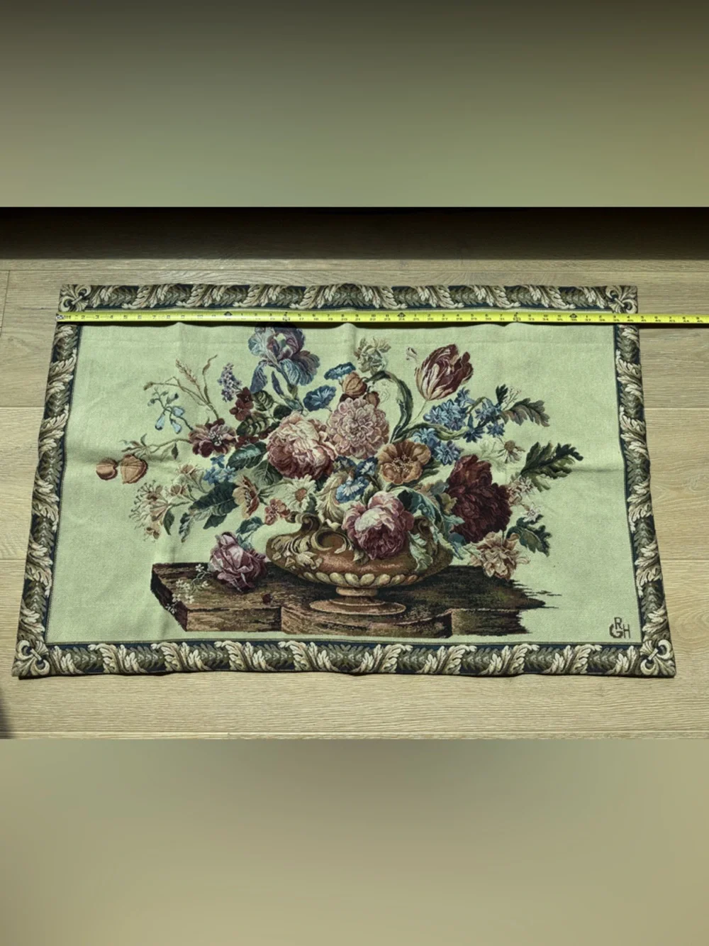 Classic Italian Floral Tapestry Wall Hanging in Light Green and Multicolor